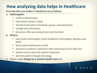 12 of 15
How analyzing data helps in Healthcare
Some big data case studies in Healthcare are as follows:
1. Asthmapolis:
 A GPS-enabled tracker
 Information stored in cloud
 identify trends about individuals, groups, and populations
 merged with information
 physicians offer personalized care and treatment
2. AiCure:
 uses mobile technologies, facial recognition technologies, big data, and
Spark
 Stores patient behavioral records
 examine if a patient is taking the right medications at the right time
 doctors ensure about the patient medication
 alert the patient through technology
3. There is also Ginger.io & United Health Care etc.
 