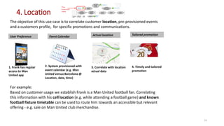 4. Location
The objective of this use case is to correlate customer location, pre-provisioned events
and a customers profile, for specific promotions and communications.
For example:
Based on customer usage we establish Frank is a Man United football fan. Correlating
this information with his cell location (e.g. while attending a football game) and known
football fixture timetable can be used to route him towards an accessible but relevant
offering - e.g. sale on Man United club merchandise.
1. Frank has regular
access to Man
United app
2. System provisioned with
event calendar (e.g. Man
United versus Barcelona @
Location, date, time)
3. Correlate with location
actual data
User Preference Event Calendar Actual location
4. Timely and tailored
promotion
Tailored promotion
15
 