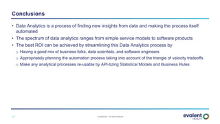 Confidential – Do Not Distribute13
• Data Analytics is a process of finding new insights from data and making the process itself
automated
• The spectrum of data analytics ranges from simple service models to software products
• The best ROI can be achieved by streamlining this Data Analytics process by
o Having a good mix of business folks, data scientists, and software engineers
o Appropriately planning the automation process taking into account of the triangle of velocity tradeoffs
o Make any analytical processes re-usable by API-tizing Statistical Models and Business Rules
Conclusions
 