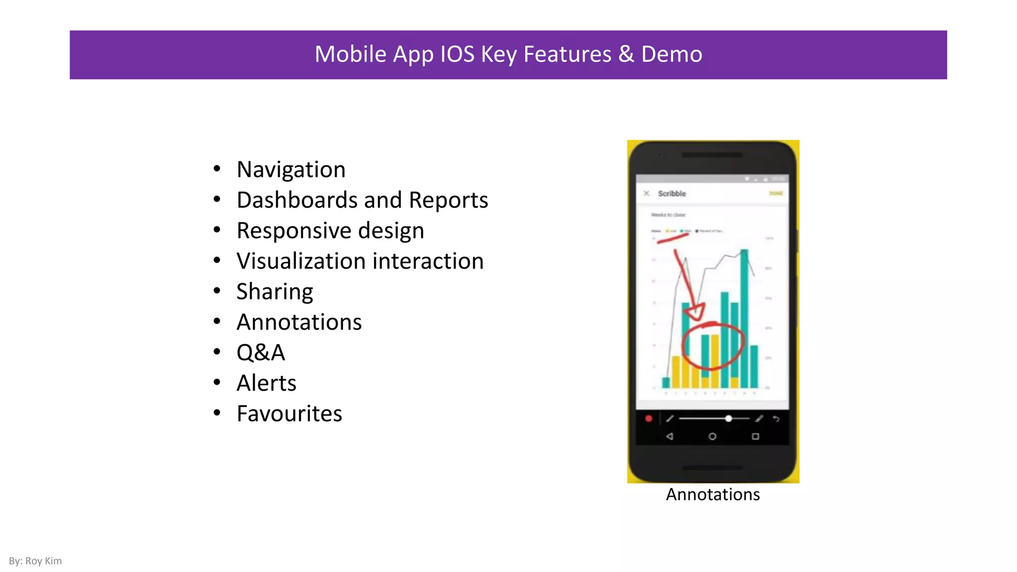• Navigation
• Dashboards and Reports
• Responsive design
• Visualization interaction
• Sharing
• Annotations
• Q&A
• Alerts
• Favourites
Annotations
Mobile App IOS Key Features & Demo
By: Roy Kim
 