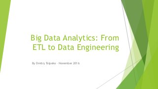 Big Data Analytics: From
ETL to Data Engineering
By Dmitry Tolpeko – November 2016
 