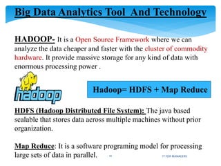 Big Data Analytics Tool And Technology
HADOOP- It is a Open Source Framework where we can
analyze the data cheaper and faster with the cluster of commodity
hardware. It provide massive storage for any kind of data with
enormous processing power .
HDFS (Hadoop Distributed File System): The java based
scalable that stores data across multiple machines without prior
organization.
Map Reduce: It is a software programing model for processing
large sets of data in parallel.
Hadoop= HDFS + Map Reduce
IT FOR MANAGERS10
 