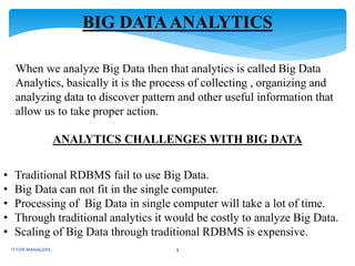 BIG DATAANALYTICS
When we analyze Big Data then that analytics is called Big Data
Analytics, basically it is the process of collecting , organizing and
analyzing data to discover pattern and other useful information that
allow us to take proper action.
ANALYTICS CHALLENGES WITH BIG DATA
• Traditional RDBMS fail to use Big Data.
• Big Data can not fit in the single computer.
• Processing of Big Data in single computer will take a lot of time.
• Through traditional analytics it would be costly to analyze Big Data.
• Scaling of Big Data through traditional RDBMS is expensive.
IT FOR MANAGERS 9
 