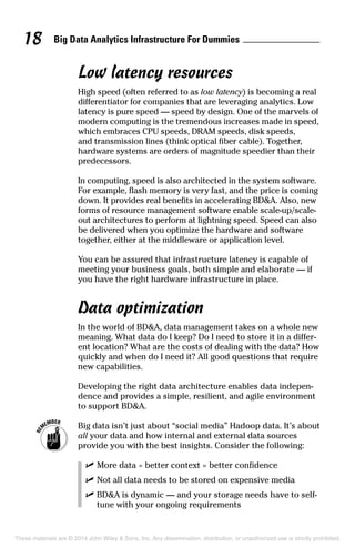 Big Data Analytics Infrastructure For Dummies18
Low latency resources
High speed (often referred to as low latency) is becoming a real
differentiator for companies that are leveraging analytics. Low
latency is pure speed — speed by design. One of the marvels of
modern computing is the tremendous increases made in speed,
which embraces CPU speeds, DRAM speeds, disk speeds,
and transmission lines (think optical fiber cable). Together,
hardware systems are orders of magnitude speedier than their
predecessors.
In computing, speed is also architected in the system software.
For example, flash memory is very fast, and the price is coming
down. It provides real benefits in accelerating BD&A. Also, new
forms of resource management software enable scale-up/scale-
out architectures to perform at lightning speed. Speed can also
be delivered when you optimize the hardware and software
together, either at the middleware or application level.
You can be assured that infrastructure latency is capable of
meeting your business goals, both simple and elaborate — if
you have the right hardware infrastructure in place.
Data optimization
In the world of BD&A, data management takes on a whole new
meaning. What data do I keep? Do I need to store it in a differ-
ent location? What are the costs of dealing with the data? How
quickly and when do I need it? All good questions that require
new capabilities.
Developing the right data architecture enables data indepen-
dence and provides a simple, resilient, and agile environment
to support BD&A.
	 Big data isn’t just about “social media” Hadoop data. It’s about
all your data and how internal and external data sources
provide you with the best insights. Consider the following:
	 ✓	More data = better context = better confidence
	 ✓	Not all data needs to be stored on expensive media
	 ✓	BD&A is dynamic — and your storage needs have to self-
tune with your ongoing requirements
These materials are © 2014 John Wiley & Sons, Inc. Any dissemination, distribution, or unauthorized use is strictly prohibited.
 