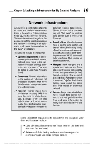 Chapter 2: Looking at Infrastructure for Big Data and Analytics 19
Network infrastructure
A network is a combination of points
or nodes and the lines that connect
them. In the world of IT, the definition
holds up, but has several variants.
The variations depend largely on the
perspective of the people discussing
the network — and they’re all legiti-
mate. In all cases, they contribute to
the BD&A architecture.
The variants include the following:
	✓	Operating departments: In a busi-
ness or government environment,
network likely refers to the con-
nection between desktop com-
puters and processors. That why
it’s called a Local Area Network
(LAN).
	✓	Data center: Network often refers
to the system of redundant full
crosspoint switches that move
data between storage and serv-
ers, and vice versa.
	✓	 Failover: There’s much more
to disaster recovery (DR) than
local backups or offsite back-
ups. Backups aren’t all that
helpful when a flood or earth-
quake hits. Sophisticated com-
panies have robust connections
between regional data centers.
Should disaster strike, process-
ing will “fail over” to another
data center over a Wide Area
Network.
	✓	Branch offices: Many businesses
have a central data center and
branch offices, but banking surely
offersthemostdramaticexample.
Bank of America has 5,600 bank-
ing centers and 16,200 automated
teller machines. That implies an
enormous network.
	✓	Mergers: Bank mergers are a
special source of concern. There
are security issues, compatibility
issues, and generally no (or few)
branch closings. IBM assisted
Bilbao Bizkaia Kutxa (BBK) when
it acquired CajaSur. Both insti-
tutions were about the same
size. That implies an enormous
network.
	✓	Internet: Large Internet retailers
have robust data center net-
works, but also get information
from and send information to
many users connected over the
Internet.
Some important capabilities to consider in the design of your
data architecture include
	 ✓	Data virtualization so you can focus less on the data and
more on the workload
	 ✓	Automated data tiering and compression so you can
store more and use more for less money
These materials are © 2014 John Wiley & Sons, Inc. Any dissemination, distribution, or unauthorized use is strictly prohibited.
 