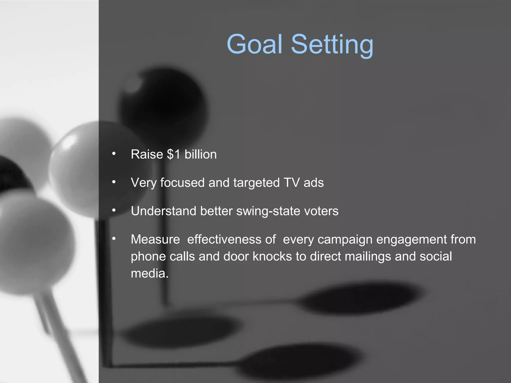 Goal Setting


•   Raise $1 billion

•   Very focused and targeted TV ads

•   Understand better swing-state voters

•   Measure effectiveness of every campaign engagement from
    phone calls and door knocks to direct mailings and social
    media.
 