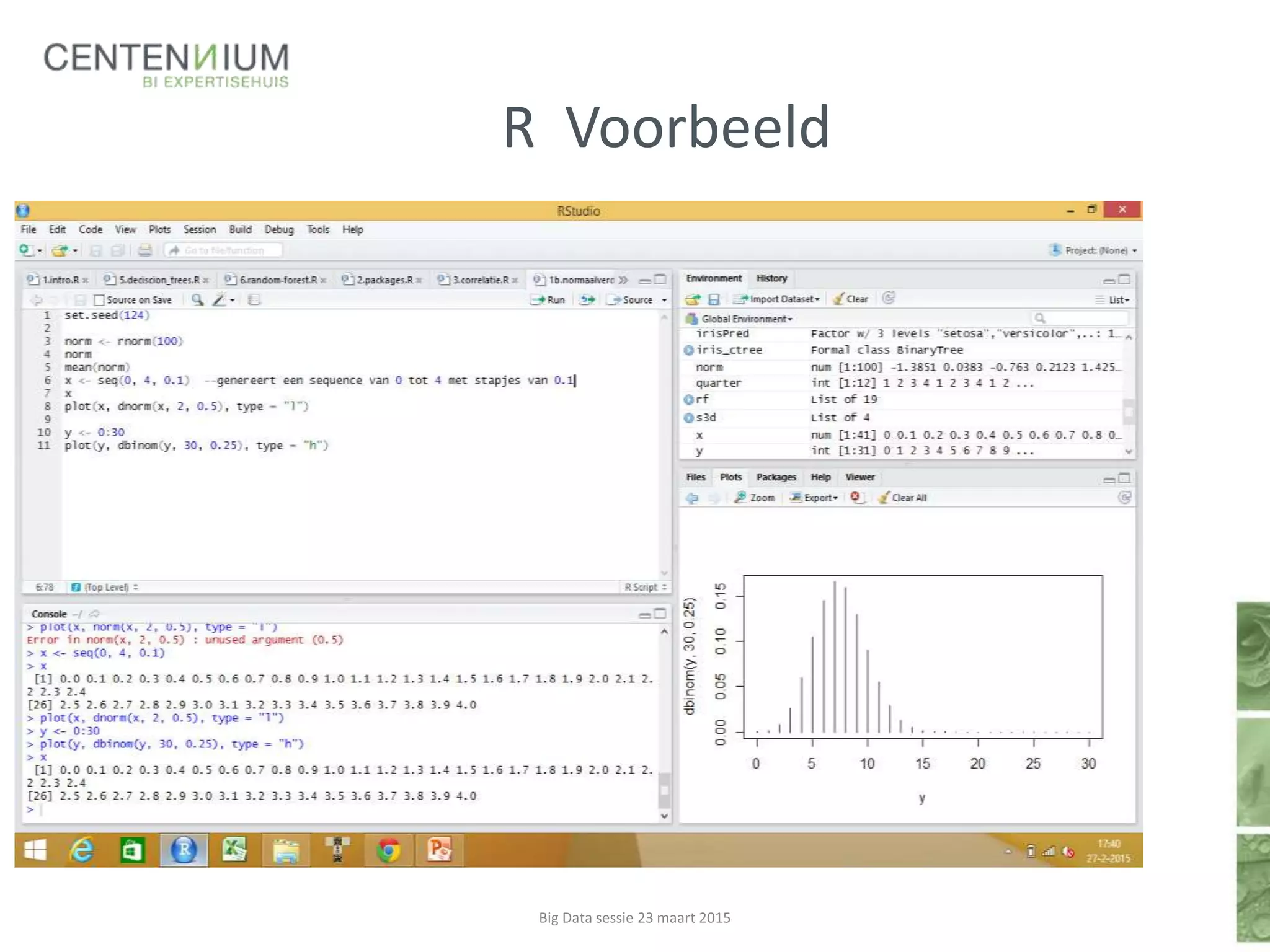 R Voorbeeld
Big Data sessie 23 maart 2015
Voorbeeld 1
 