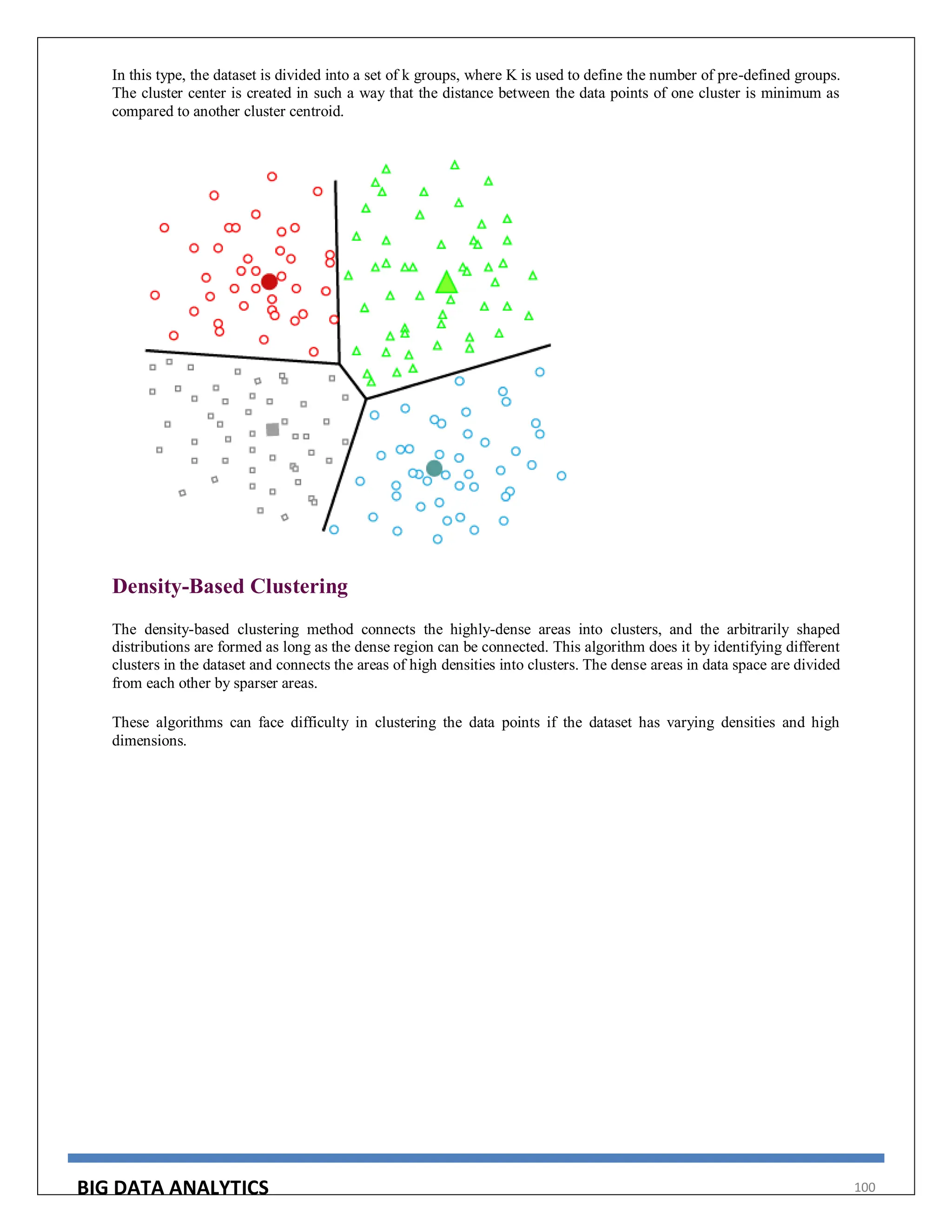 BIG DATA ANALYTICS 100
In this type, the dataset is divided into a set of k groups, where K is used to define the number of pre-defined groups.
The cluster center is created in such a way that the distance between the data points of one cluster is minimum as
compared to another cluster centroid.
Density-Based Clustering
The density-based clustering method connects the highly-dense areas into clusters, and the arbitrarily shaped
distributions are formed as long as the dense region can be connected. This algorithm does it by identifying different
clusters in the dataset and connects the areas of high densities into clusters. The dense areas in data space are divided
from each other by sparser areas.
These algorithms can face difficulty in clustering the data points if the dataset has varying densities and high
dimensions.
 