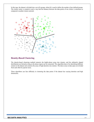 BIG DATA ANALYTICS 100
In this type, the dataset is divided into a set of k groups, where K is used to define the number of pre-defined groups.
The cluster center is created in such a way that the distance between the data points of one cluster is minimum as
compared to another cluster centroid.
Density-Based Clustering
The density-based clustering method connects the highly-dense areas into clusters, and the arbitrarily shaped
distributions are formed as long as the dense region can be connected. This algorithm does it by identifying different
clusters in the dataset and connects the areas of high densities into clusters. The dense areas in data space are divided
from each other by sparser areas.
These algorithms can face difficulty in clustering the data points if the dataset has varying densities and high
dimensions.
 