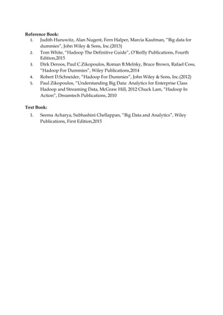 Reference Book:
1. Judith Huruwitz, Alan Nugent, Fern Halper, Marcia Kaufman, “Big data for
dummies”, John Wiley & Sons, Inc.(2013)
2. Tom White, “Hadoop The Definitive Guide”, O’Reilly Publications, Fourth
Edition,2015
3. Dirk Deroos, Paul C.Zikopoulos, Roman B.Melnky, Bruce Brown, Rafael Coss,
“Hadoop For Dummies”, Wiley Publications,2014
4. Robert D.Schneider, “Hadoop For Dummies”, John Wiley & Sons, Inc.(2012)
5. Paul Zikopoulos, “Understanding Big Data: Analytics for Enterprise Class
Hadoop and Streaming Data, McGraw Hill, 2012 Chuck Lam, “Hadoop In
Action”, Dreamtech Publications, 2010
Text Book:
1. Seema Acharya, Subhashini Chellappan, “Big Data and Analytics”, Wiley
Publications, First Edition,2015
 