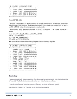 BIG DATA ANALYTICS 69
| ID | NAME | AMOUNT | DATE |
+------+----------+--------+---------------------+
| 3 | kaushik | 3000 | 2009-10-08 00:00:00 |
| 3 | kaushik | 1500 | 2009-10-08 00:00:00 |
| 2 | Khilan | 1560 | 2009-11-20 00:00:00 |
| 4 | Chaitali | 2060 | 2008-05-20 00:00:00 |
+------+----------+--------+---------------------+
FULL OUTER JOIN
The HiveQL FULL OUTER JOIN combines the records of both the left and the right outer tables
that fulfil the JOIN condition. The joined table contains either all the records from both the tables,
or fills in NULL values for missing matches on either side.
The following query demonstrates FULL OUTER JOIN between CUSTOMER and ORDER
tables:
hive> SELECT c.ID, c.NAME, o.AMOUNT, o.DATE
FROM CUSTOMERS c
FULL OUTER JOIN ORDERS o
ON (c.ID = o.CUSTOMER_ID);
On successful execution of the query, you get to see the following response:
+------+----------+--------+---------------------+
| ID | NAME | AMOUNT | DATE |
+------+----------+--------+---------------------+
| 1 | Ramesh | NULL | NULL |
| 2 | Khilan | 1560 | 2009-11-20 00:00:00 |
| 3 | kaushik | 3000 | 2009-10-08 00:00:00 |
| 3 | kaushik | 1500 | 2009-10-08 00:00:00 |
| 4 | Chaitali | 2060 | 2008-05-20 00:00:00 |
| 5 | Hardik | NULL | NULL |
| 6 | Komal | NULL | NULL |
| 7 | Muffy | NULL | NULL |
| 3 | kaushik | 3000 | 2009-10-08 00:00:00 |
| 3 | kaushik | 1500 | 2009-10-08 00:00:00 |
| 2 | Khilan | 1560 | 2009-11-20 00:00:00 |
| 4 | Chaitali | 2060 | 2008-05-20 00:00:00 |
+------+----------+--------+---------------------+
Bucketing #
•Bucketing concept is based on (hashing function on the bucketed column) mod (by total number
of buckets). The hash_function depends on the type of the bucketing column.
•Records with the same bucketed column will always be stored in the same bucket.
•We use CLUSTERED BY clause to divide the table into buckets.
 