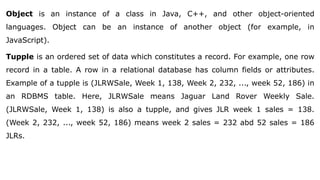 Object is an instance of a class in Java, C++, and other object-oriented
languages. Object can be an instance of another object (for example, in
JavaScript).
Tupple is an ordered set of data which constitutes a record. For example, one row
record in a table. A row in a relational database has column fields or attributes.
Example of a tupple is (JLRWSale, Week 1, 138, Week 2, 232, ..., week 52, 186) in
an RDBMS table. Here, JLRWSale means Jaguar Land Rover Weekly Sale.
(JLRWSale, Week 1, 138) is also a tupple, and gives JLR week 1 sales = 138.
(Week 2, 232, ..., week 52, 186) means week 2 sales = 232 abd 52 sales = 186
JLRs.
 