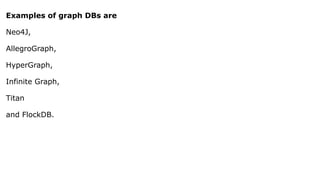 Examples of graph DBs are
Neo4J,
AllegroGraph,
HyperGraph,
Infinite Graph,
Titan
and FlockDB.
 