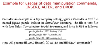 Example for usages of data manipulation commands,
INSERT, ALTER, and DROP.
 