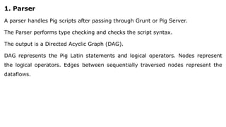 1. Parser
A parser handles Pig scripts after passing through Grunt or Pig Server.
The Parser performs type checking and checks the script syntax.
The output is a Directed Acyclic Graph (DAG).
DAG represents the Pig Latin statements and logical operators. Nodes represent
the logical operators. Edges between sequentially traversed nodes represent the
dataflows.
 