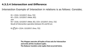 4.3.3.4 Intersection and Difference
Intersection Example of Interaction in relations is as follows: Consider,
The Mapper executes all tuples of two sets for intersection
and emits all the resultant tuples.
The Reducer transfers only tuples that occurred twice.
R1 = {(524, 12122017, Oreo, 72)}
R2 = {(525, 12122017, KitKat, 82)}
and
R3 = {(526, 12122017, KitKat, 82), (524, 12122017, Oreo, 72)}
Result of Intersection operation between R1 and R3 are
R1 R3 = {(524, 12122017, Oreo, 72)}
 