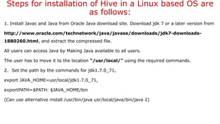 Steps for installation of Hive in a Linux based OS are
as follows:
1. Install Javac and Java from Oracle Java download site. Download jdk 7 or a later version from
http://www.oracle.com/technetwork/java/javase/downloads/jdk7-downloads-
1880260.html, and extract the compressed file.
All users can access Java by Making Java available to all users.
The user has to move it to the location "/usr/local/" using the required commands.
2. Set the path by the commands for jdk1.7.0_71,
export JAVA_HOME=usr/local/jdk1.7.0_71,
exportPATH=$PATH: $JAVA_HOME/bin
(Can use alternative install /usr/bin/java usr/local/java/bin/java 2)
 