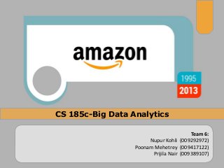 CS 185c-Big Data Analytics 
Team 6: Nupur Kohli (009292972) Poonam Mehetrey (009417122) Prijila Nair (009389107)  