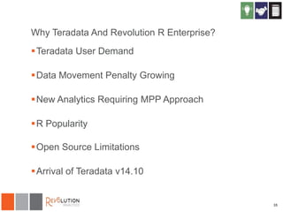 Why Teradata And Revolution R Enterprise?
 Teradata User Demand
 Data Movement Penalty Growing
 New Analytics Requiring MPP Approach
 R Popularity
 Open Source Limitations
 Arrival of Teradata v14.10

35

 