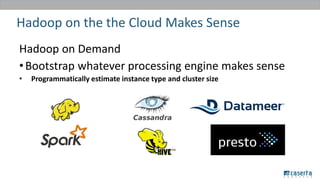 Hadoop on the the Cloud Makes Sense
Hadoop on Demand
•Bootstrap whatever processing engine makes sense
• Programmatically estimate instance type and cluster size
 
