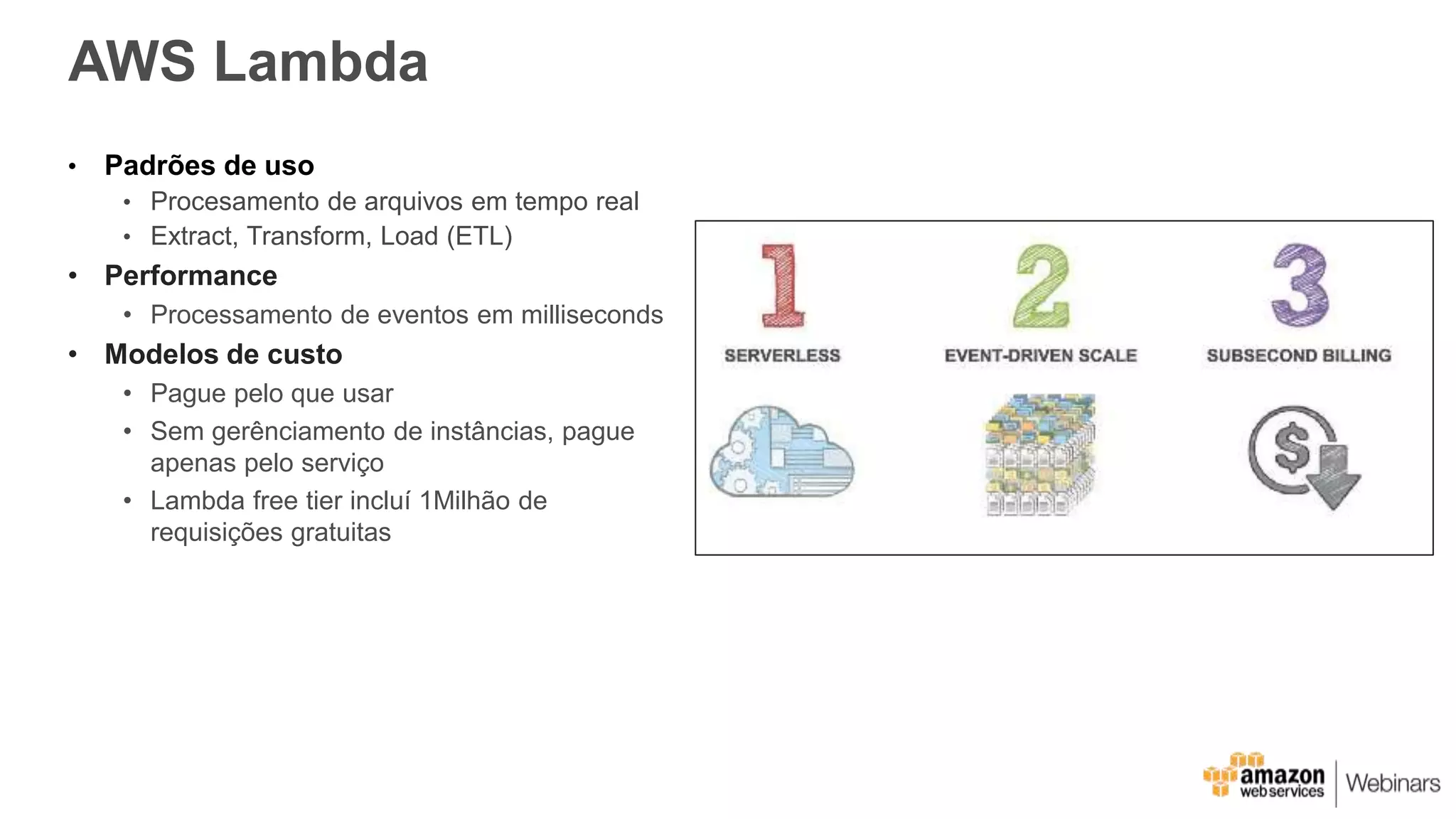 AWS Lambda
• Padrões de uso
• Procesamento de arquivos em tempo real
• Extract, Transform, Load (ETL)
• Performance
• Processamento de eventos em milliseconds
• Modelos de custo
• Pague pelo que usar
• Sem gerênciamento de instâncias, pague
apenas pelo serviço
• Lambda free tier incluí 1Milhão de
requisições gratuitas
 