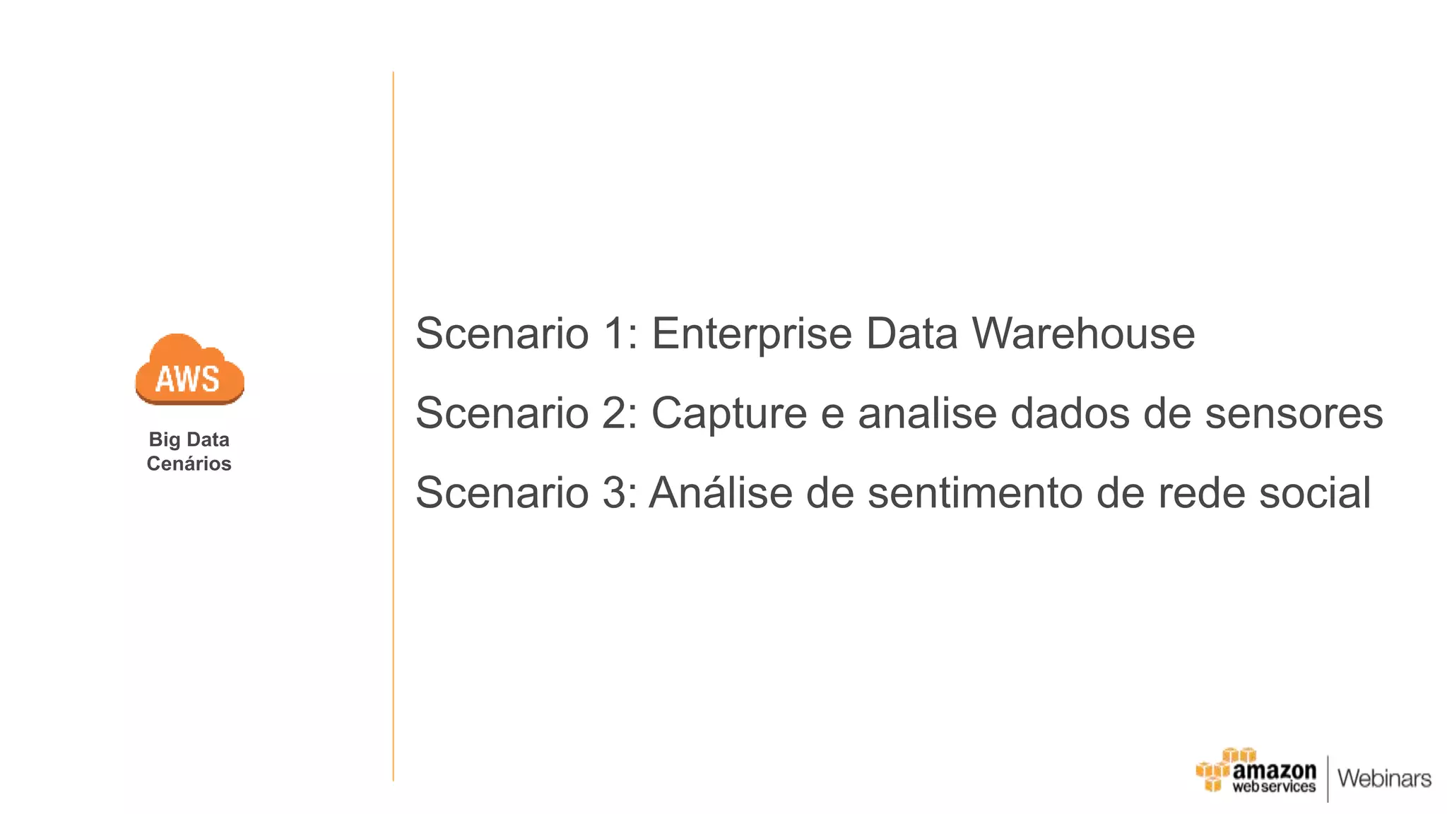 Scenario 1: Enterprise Data Warehouse
Scenario 2: Capture e analise dados de sensores
Scenario 3: Análise de sentimento de rede social
Big Data
Cenários
 