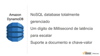 NoSQL database totalmente
gerenciado
Um dígito de Millisecond de latência
para escalar
Suporte a documento e chave-valor
Amazon
DynamoDB
 