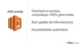 Orientado a eventos,
computaçao 100% gerenciada
Sem gestão de infra-estrutura
Escalabilidade automática
AWS Lambda
 