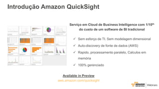 Introdução Amazon QuickSight
Serviço em Cloud de Business Intelligence com 1/10th
do custo de um software de BI tradicional
 Sem esforço de TI. Sem modelagem dimensional
 Auto-discovery de fonte de dados (AWS)
 Rapido, processamento paralelo, Calculos em
memória
 100% gerenciado
Available in Preview
aws.amazon.com/quicksight
 