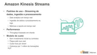 Amazon Kinesis Streams
• Padrões de uso – Streaming de
dados, ingestão e processamento
• Data analytics em tempo real
• Ingestão de dados e processamento ex.
logs
• Métricas e reports em tempo real
• Performance
• Throughput baseado em shards
• Modelo de custo
• Sem investimento inicial ou contratos
• Pague pelo que usar
• Custo hora por shard
• Cobrança por 1 million de transações
PUT
 