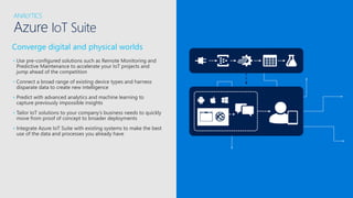 Converge digital and physical worlds
• Use pre-configured solutions such as Remote Monitoring and
Predictive Maintenance to accelerate your IoT projects and
jump ahead of the competition
• Connect a broad range of existing device types and harness
disparate data to create new intelligence
• Predict with advanced analytics and machine learning to
capture previously impossible insights
• Tailor IoT solutions to your company’s business needs to quickly
move from proof of concept to broader deployments
• Integrate Azure IoT Suite with existing systems to make the best
use of the data and processes you already have
ANALYTICS
Azure IoT Suite
 