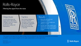 Filtering the signal from the noise
Rolls-Royce
“Our goal is not data for the sake of data, but to embrace the cloud and analytical technologies
to deliver more expert insights to the right stakeholders at the right time.“
Nick Farrant
Senior Vice President
ROLLS-ROYCE
Objectives
Connect Rolls-Royce jet
engine data to Microsoft's
intelligent cloud for insights
to improve aircraft
performance, safety and
maintenance.
Tactics
Use Cortana Intelligence
and Azure Machine
Learning to scale quickly
and efficiently, aggregate
data across customer
fleets and process data
in real time.
Results
• More efficient flight and
maintenance plans
• Targeted and actionable fuel
efficiency insights
• Quickly-generated reports and
dashboards that tell compelling
stories and deliver high-quality
insights
 
