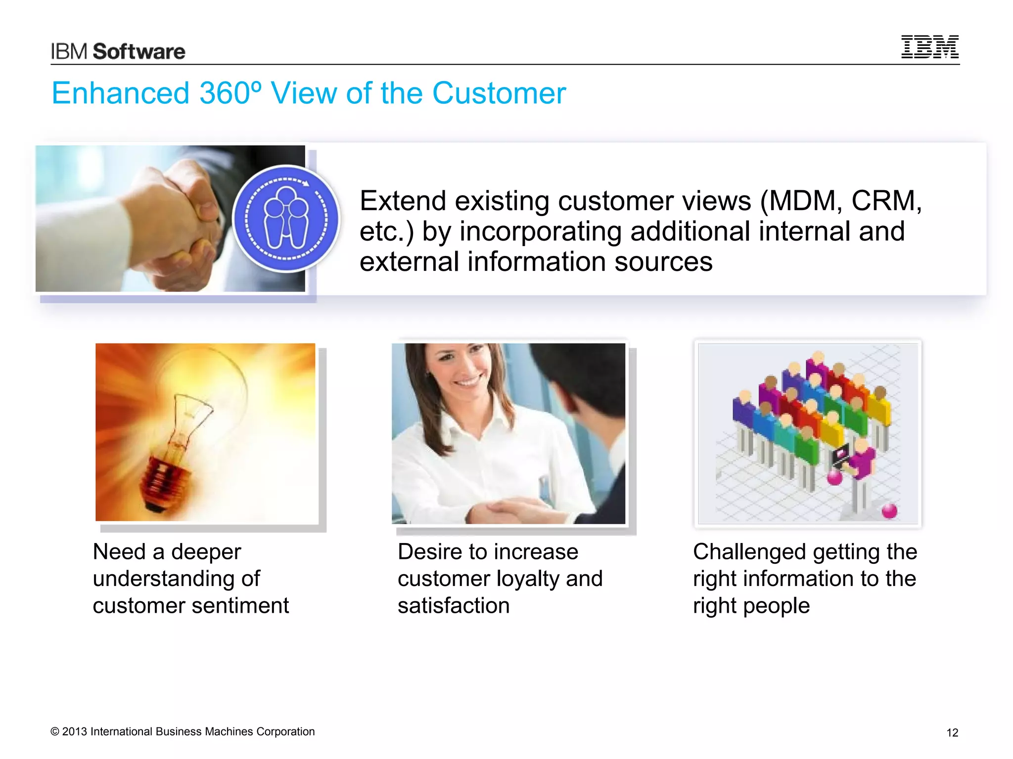 Enhanced 360º View of the Customer
Extend existing customer views (MDM, CRM,
etc.) by incorporating additional internal and
external information sources

Need a deeper
understanding of
customer sentiment

© 2013 International Business Machines Corporation

Desire to increase
customer loyalty and
satisfaction

Challenged getting the
right information to the
right people

12

 