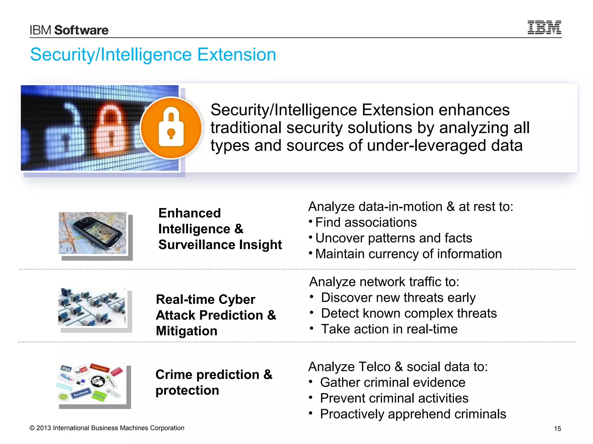 Security/Intelligence Extension
Security/Intelligence Extension enhances
traditional security solutions by analyzing all
types and sources of under-leveraged data

Enhanced
Intelligence &
Surveillance Insight

Real-time Cyber
Attack Prediction &
Mitigation
Crime prediction &
protection
© 2013 International Business Machines Corporation

Analyze data-in-motion & at rest to:
• Find associations
• Uncover patterns and facts
• Maintain currency of information
Analyze network traffic to:
• Discover new threats early
• Detect known complex threats
• Take action in real-time
Analyze Telco & social data to:
• Gather criminal evidence
• Prevent criminal activities
• Proactively apprehend criminals
15

 