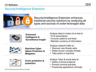 Security/Intelligence Extension
Security/Intelligence Extension enhances
traditional security solutions by analyzing all
types and sources of under-leveraged data

Enhanced
Intelligence &
Surveillance Insight

Real-time Cyber
Attack Prediction &
Mitigation
Crime prediction &
protection
© 2013 International Business Machines Corporation

Analyze data-in-motion & at rest to:
• Find associations
• Uncover patterns and facts
• Maintain currency of information
Analyze network traffic to:
• Discover new threats early
• Detect known complex threats
• Take action in real-time
Analyze Telco & social data to:
• Gather criminal evidence
• Prevent criminal activities
• Proactively apprehend criminals
15

 