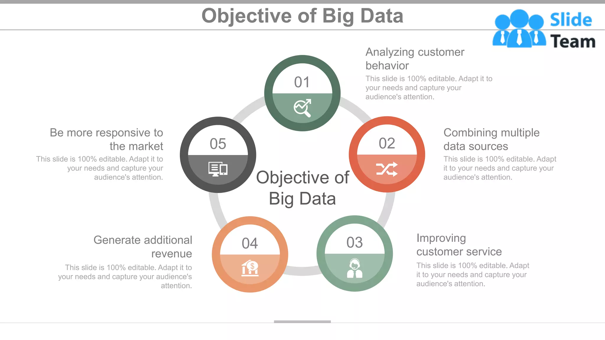 Objective of Big Data
This slide is 100% editable. Adapt it to
your needs and capture your
audience's attention.
Analyzing customer
behavior
This slide is 100% editable. Adapt
it to your needs and capture your
audience's attention.
Combining multiple
data sources
This slide is 100% editable. Adapt
it to your needs and capture your
audience's attention.
Improving
customer service
This slide is 100% editable. Adapt it to
your needs and capture your audience's
attention.
Generate additional
revenue
This slide is 100% editable. Adapt it to
your needs and capture your
audience's attention.
Be more responsive to
the market
01
02
03
04
05
Objective of
Big Data
12
 