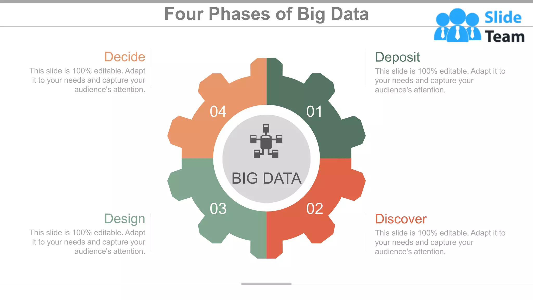 Four Phases of Big Data
15
This slide is 100% editable. Adapt it to
your needs and capture your
audience's attention.
Deposit
This slide is 100% editable. Adapt it to
your needs and capture your
audience's attention.
Discover
This slide is 100% editable. Adapt
it to your needs and capture your
audience's attention.
Decide
This slide is 100% editable. Adapt
it to your needs and capture your
audience's attention.
Design
BIG DATA
01
02
04
03
 
