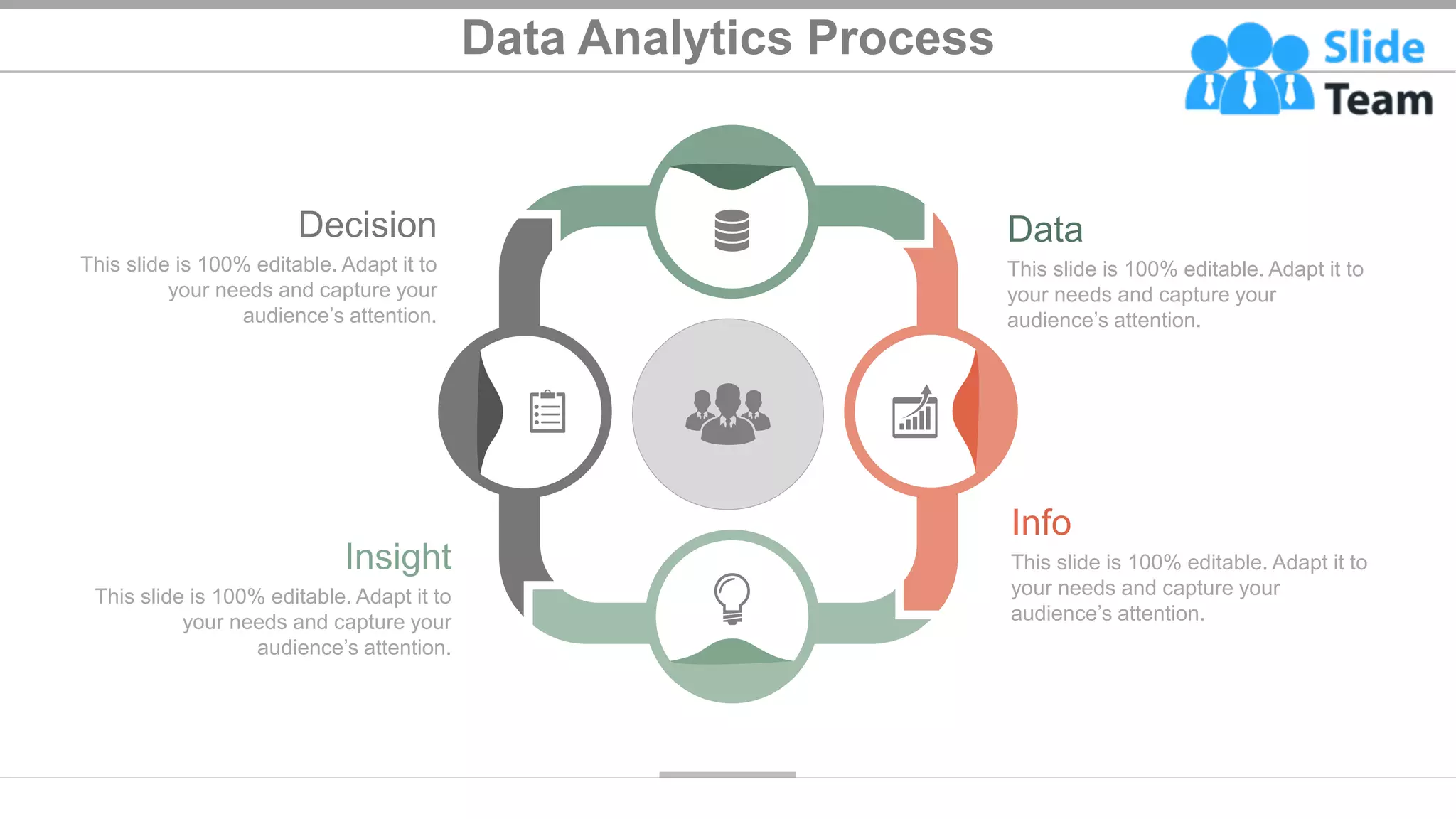 Data Analytics Process
Data
This slide is 100% editable. Adapt it to
your needs and capture your
audience’s attention.
Info
This slide is 100% editable. Adapt it to
your needs and capture your
audience’s attention.
Decision
This slide is 100% editable. Adapt it to
your needs and capture your
audience’s attention.
Insight
This slide is 100% editable. Adapt it to
your needs and capture your
audience’s attention.
17
 
