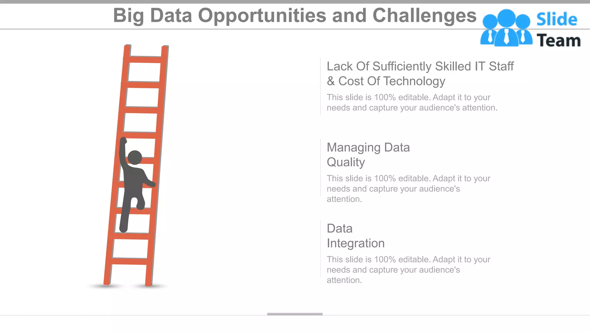 Big Data Opportunities and Challenges
23
Lack Of Sufficiently Skilled IT Staff
& Cost Of Technology
This slide is 100% editable. Adapt it to your
needs and capture your audience's attention.
Managing Data
Quality
This slide is 100% editable. Adapt it to your
needs and capture your audience's
attention.
Data
Integration
This slide is 100% editable. Adapt it to your
needs and capture your audience's
attention.
 