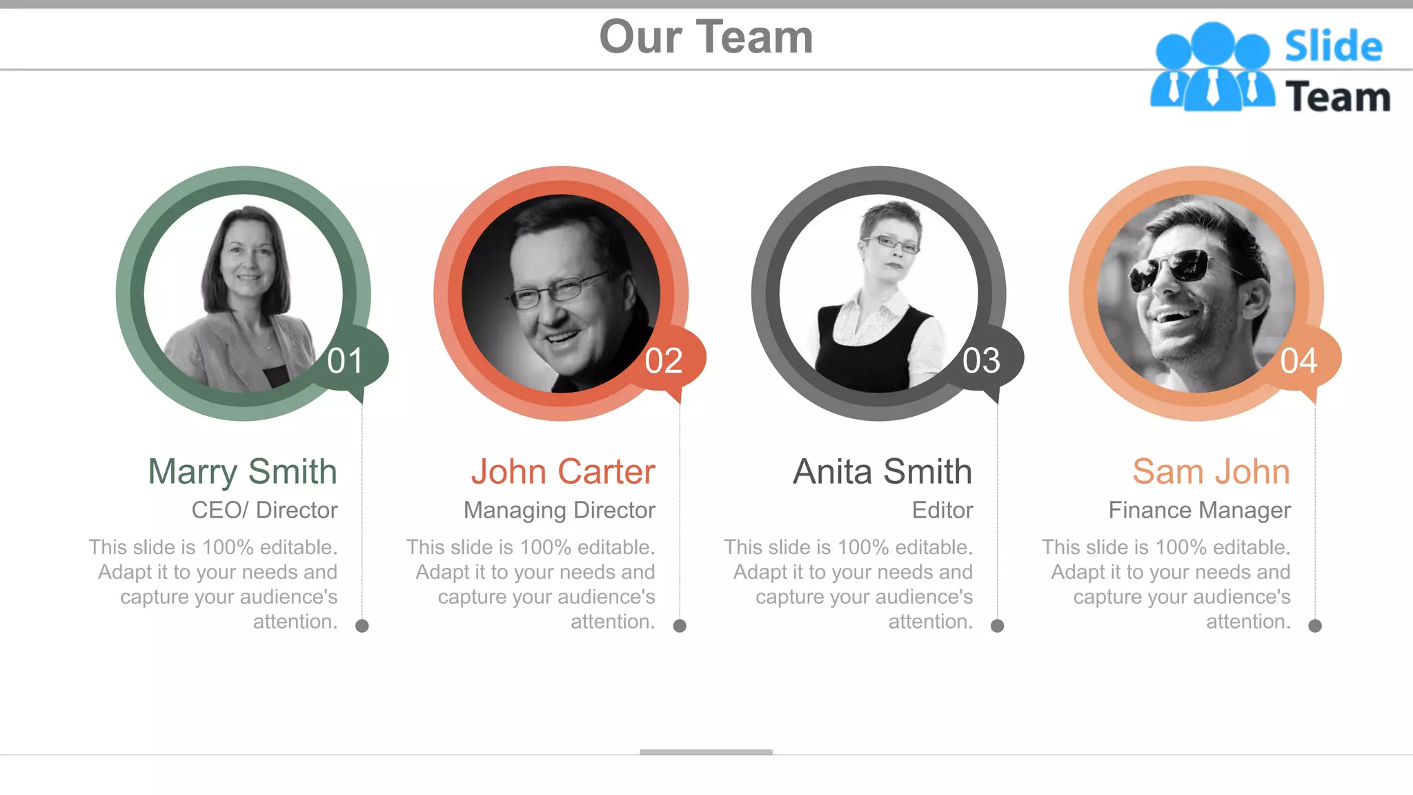 Managing Director
This slide is 100% editable.
Adapt it to your needs and
capture your audience's
attention.
John Carter
02
CEO/ Director
This slide is 100% editable.
Adapt it to your needs and
capture your audience's
attention.
Marry Smith
01
Finance Manager
This slide is 100% editable.
Adapt it to your needs and
capture your audience's
attention.
Sam John
04
Editor
This slide is 100% editable.
Adapt it to your needs and
capture your audience's
attention.
Anita Smith
03
Our Team
26
 