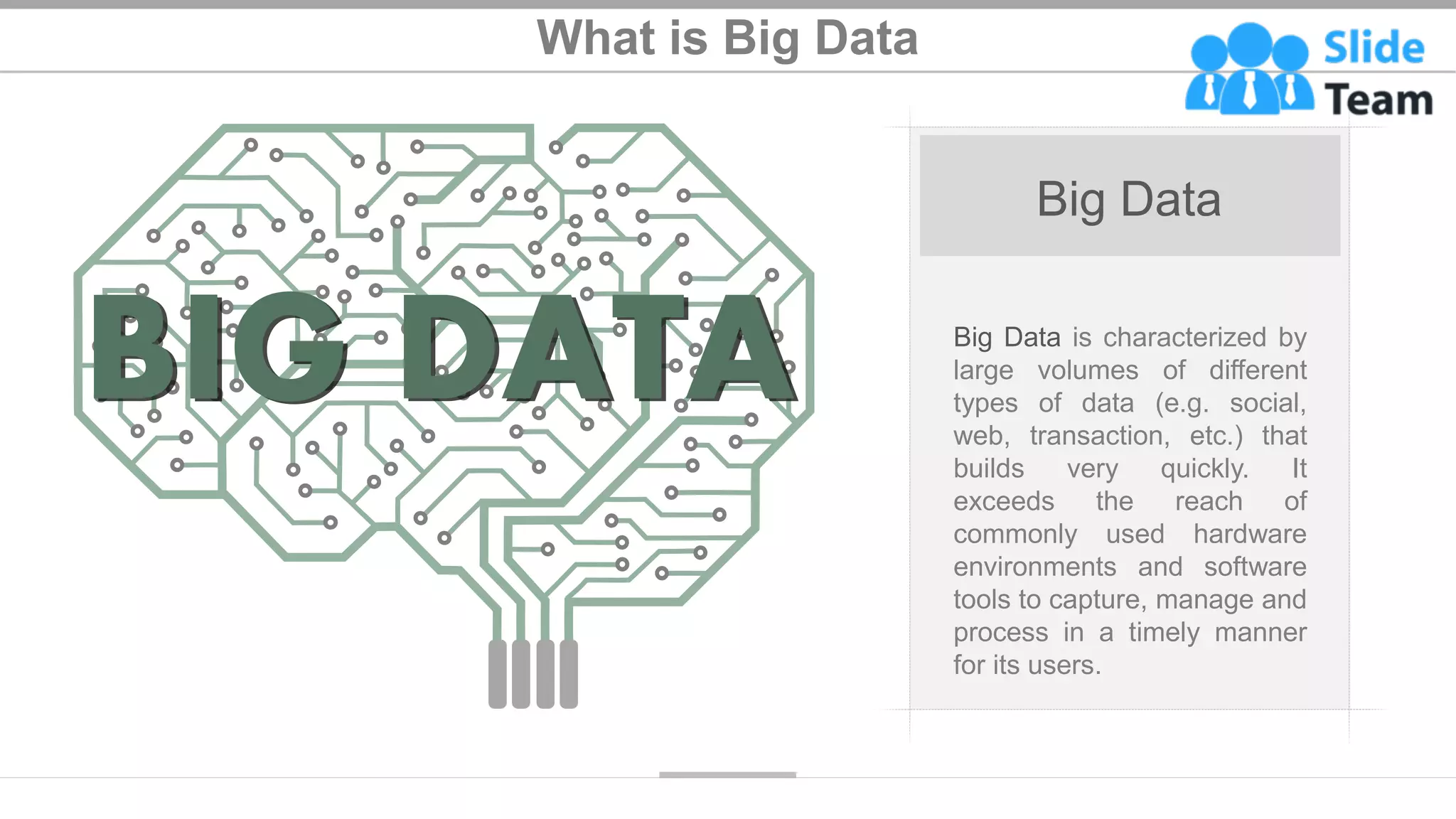What is Big Data
Big Data
Big Data is characterized by
large volumes of different
types of data (e.g. social,
web, transaction, etc.) that
builds very quickly. It
exceeds the reach of
commonly used hardware
environments and software
tools to capture, manage and
process in a timely manner
for its users.
3
 