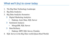 1. The Big Data Technology Landscape
2. Big Data Analytics
3. Big Data Analytics Scenarios:
❯ Digital Marketing Analytics
• Hadoop, Aster Data, SQL Server
❯ Sentiment Analysis
• MongoDB, SQL Server
❯ Data Refinery
• Hadoop, MPP, SQL Server, Pentaho
4. SQL Server in the Big Data world (Quasi-Real World)
What we’ll (try) to cover today
 