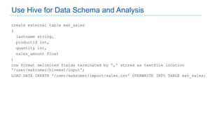 create external table ext_sales
(
lastname string,
productid int,
quantity int,
sales_amount float
)
row format delimited fields terminated by ',' stored as textfile location
'/user/makromer/hiveext/input';
LOAD DATA INPATH '/user/makromer/import/sales.csv' OVERWRITE INTO TABLE ext_sales;
Use Hive for Data Schema and Analysis
 