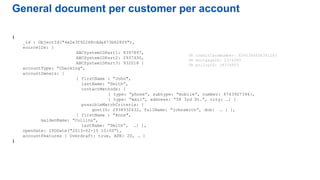 {
_id : ObjectId("4e2e3f92268cdda473b628f6"),
sourceIDs: {
ABCSystemIDPart1: 8397897,
ABCSystemIDPart2: 2937430,
ABCSystemIDPart3: 932018 }
accountType: “Checking”,
accountOwners: [
{ firstName : ”John",
lastName: “Smith”,
contactMethods: [
{ type: “phone”, subtype: “mobile”, number: 8743927394},
{ type: “mail”, address: “58 3rd St.”, city: …} ]
possibleMatchCriteria: {
govtID: 2938932432, fullName: “johnsmith”, dob: … } },
{ firstName : ”Anne",
maidenName: “Collins”,
lastName: “Smith”, …} ],
openDate: ISODate("2013-02-15 10:00”),
accountFeatures { Overdraft: true, APR: 20, … }
}
General document per customer per account
OR creditCardNumber: 8392384938391293
OR mortgageID: 2374389
OR policyID: 18374923
 