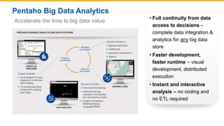 Pentaho Big Data Analytics
Accelerate the time to big data value
• Full continuity from data
access to decisions –
complete data integration &
analytics for any big data
store
• Faster development,
faster runtime – visual
development, distributed
execution
• Instant and interactive
analysis – no coding and
no ETL required
 