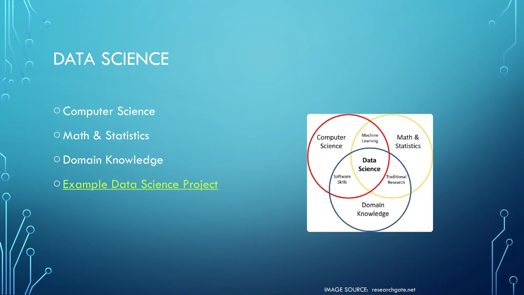IMAGE SOURCE: researchgate.net
DATA SCIENCE
oComputer Science
oMath & Statistics
oDomain Knowledge
oExample Data Science Project
 