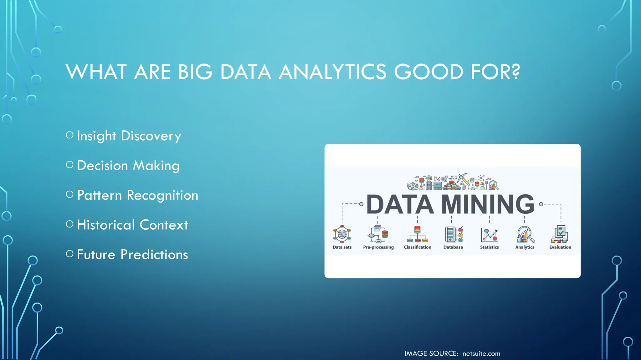 IMAGE SOURCE: netsuite.com
WHAT ARE BIG DATA ANALYTICS GOOD FOR?
oInsight Discovery
oDecision Making
oPattern Recognition
oHistorical Context
oFuture Predictions
 