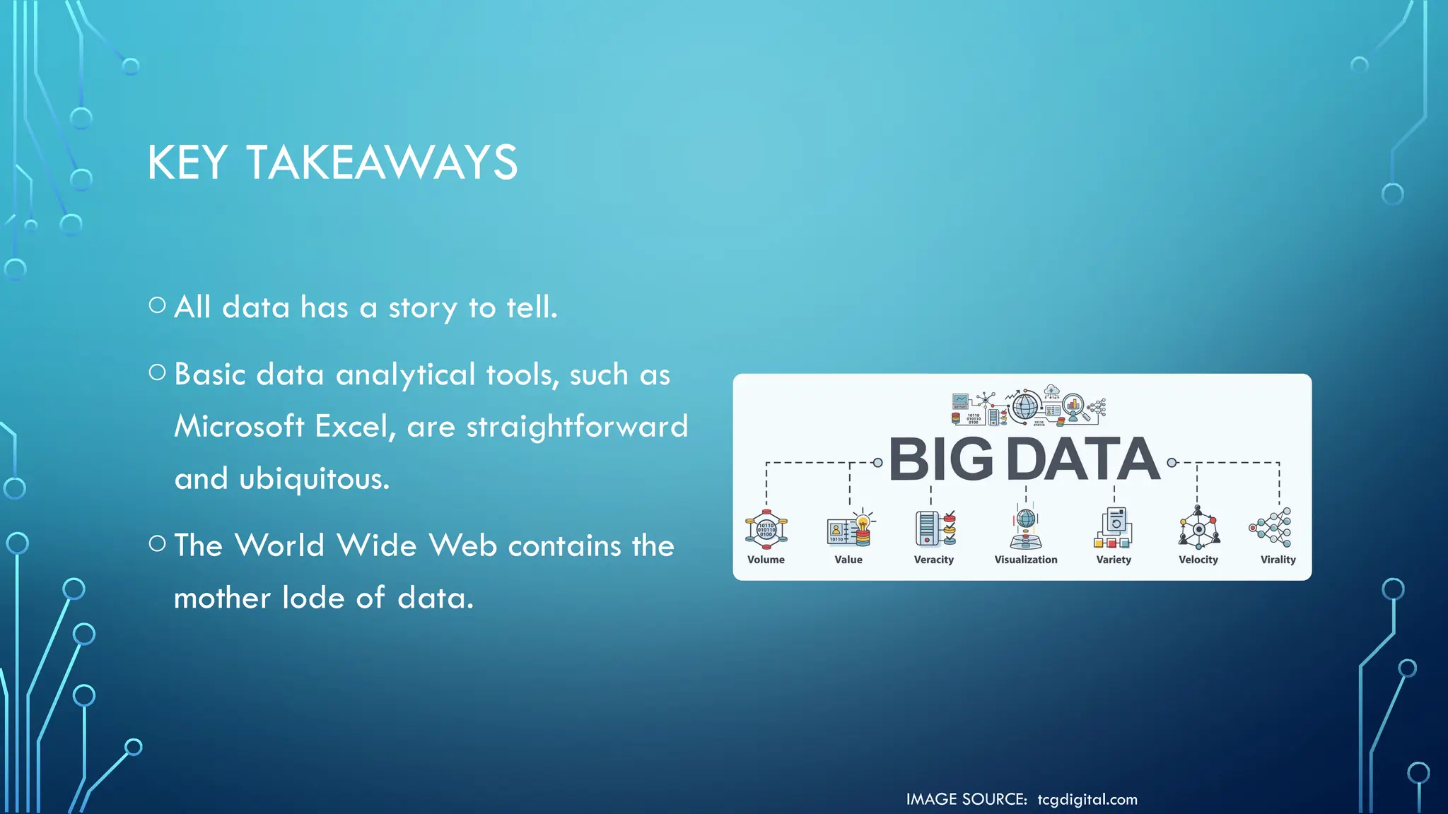 IMAGE SOURCE: tcgdigital.com
KEY TAKEAWAYS
oAll data has a story to tell.
oBasic data analytical tools, such as
Microsoft Excel, are straightforward
and ubiquitous.
oThe World Wide Web contains the
mother lode of data.
 