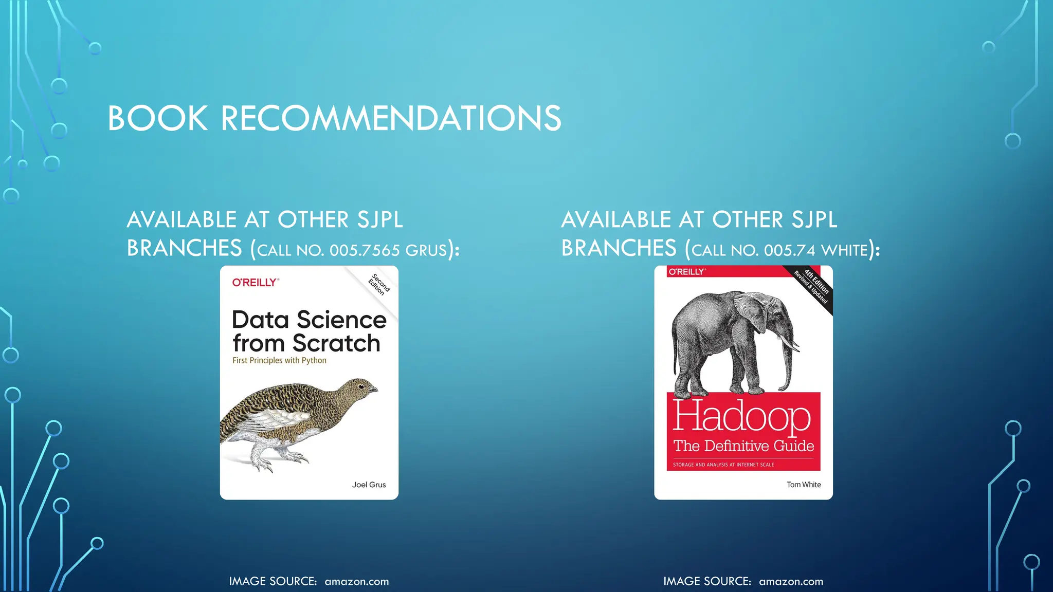 IMAGE SOURCE: amazon.com
IMAGE SOURCE: amazon.com
BOOK RECOMMENDATIONS
AVAILABLE AT OTHER SJPL
BRANCHES (CALL NO. 005.7565 GRUS):
AVAILABLE AT OTHER SJPL
BRANCHES (CALL NO. 005.74 WHITE):
 
