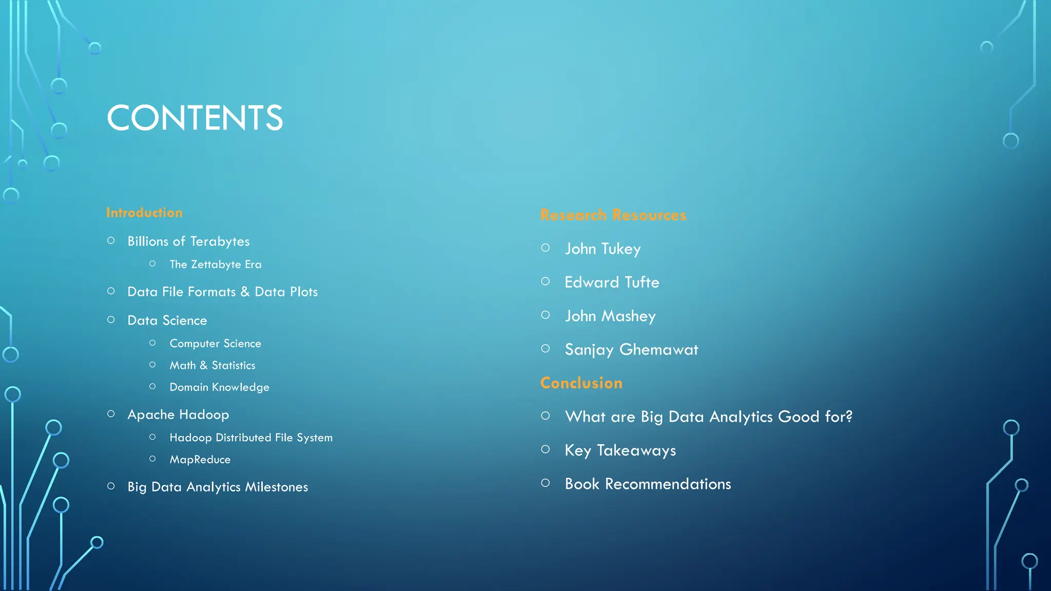 CONTENTS
Introduction
o Billions of Terabytes
o The Zettabyte Era
o Data File Formats & Data Plots
o Data Science
o Computer Science
o Math & Statistics
o Domain Knowledge
o Apache Hadoop
o Hadoop Distributed File System
o MapReduce
o Big Data Analytics Milestones
Research Resources
o John Tukey
o Edward Tufte
o John Mashey
o Sanjay Ghemawat
Conclusion
o What are Big Data Analytics Good for?
o Key Takeaways
o Book Recommendations
 